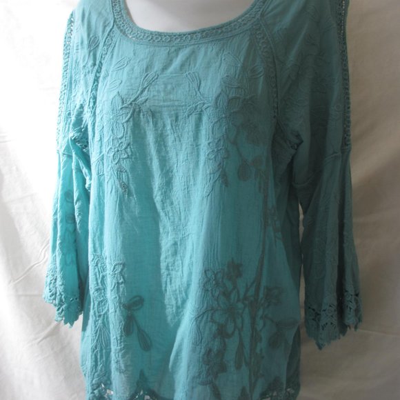 Tunic Top Blouse Size L LARGE Gauzy Cotton Crochet Hem Embroidered - Picture 7 of 12